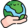 Cartoon hand holding a smiling green globe on a white background