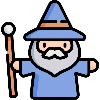 Cartoon wizard character with a blue hat and robe, holding a staff, on a white background.