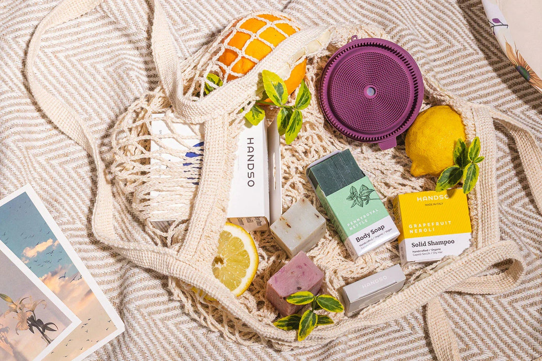 Summer shower routine — Handso Body Cleanser with solid soap on natural background