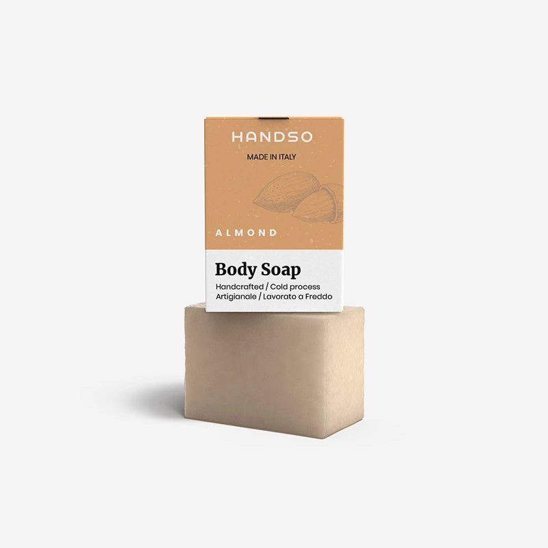 Handso almond body soap with packaging on a white background